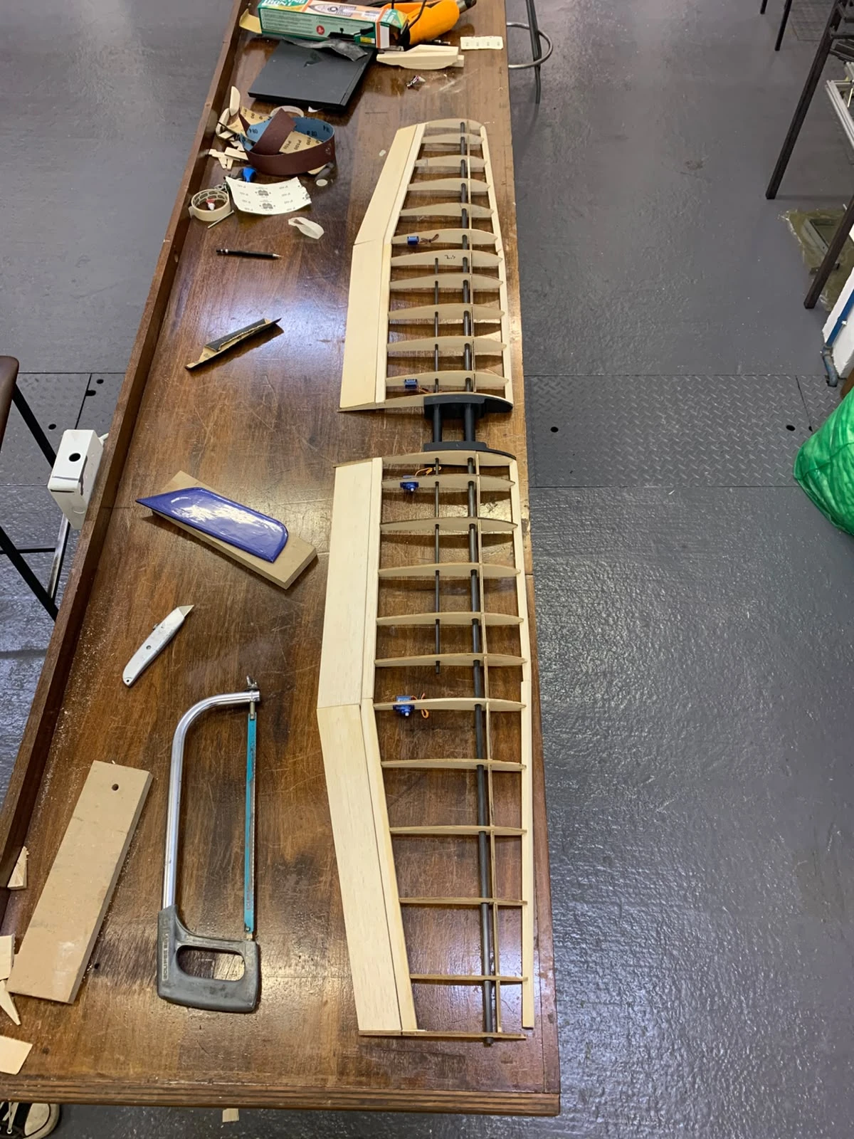 The wing frame with laser-cut ribs, before covering